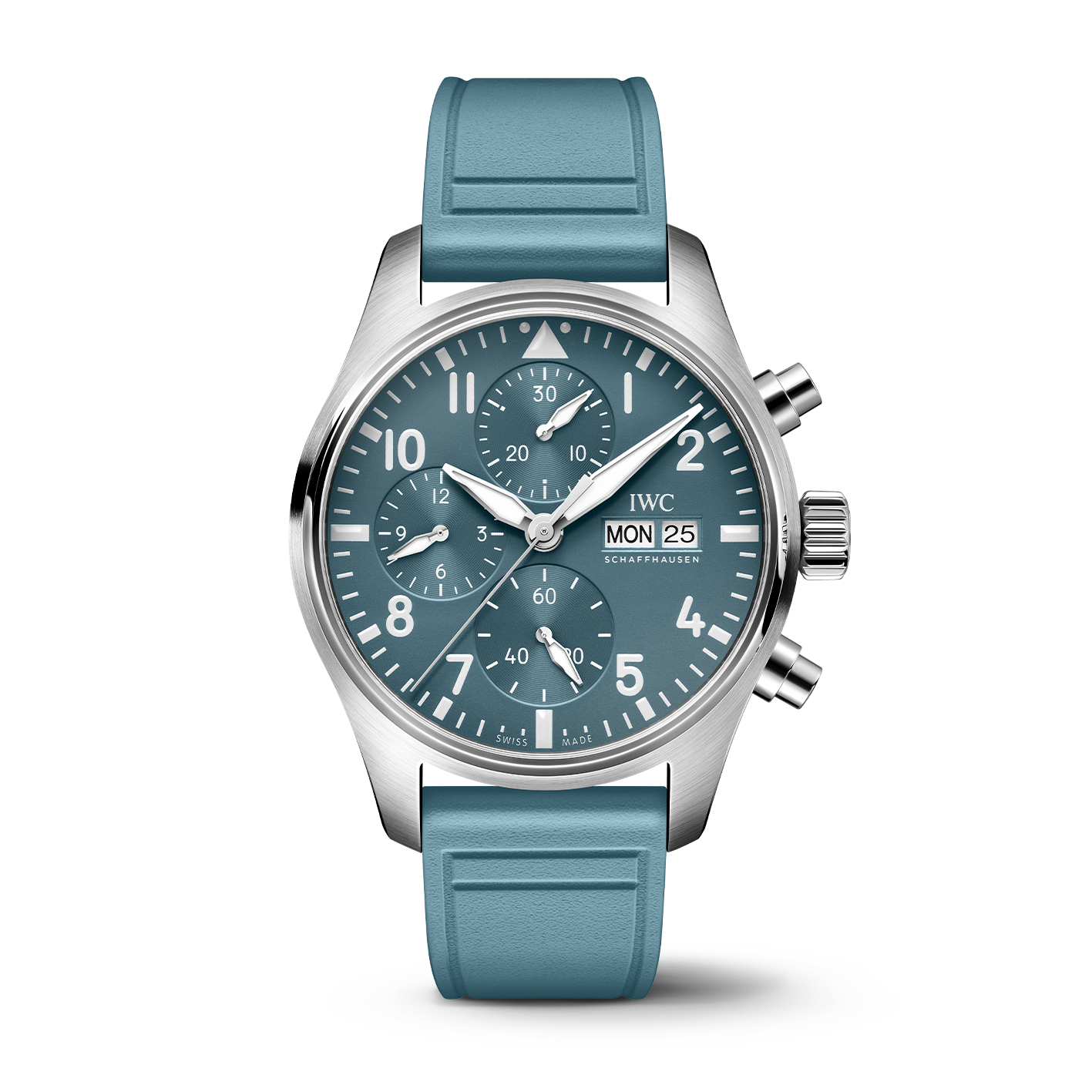 The IWC Schaffhausen Pilot Chronograph Miramar Edition is a silver wristwatch with a teal face and strap, featuring three subdials and a day-date display.