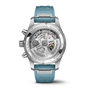 Back view of the IWC Schaffhausen Pilot Chronograph Miramar Edition, showcasing its visible mechanical movement and blue rubber strap.