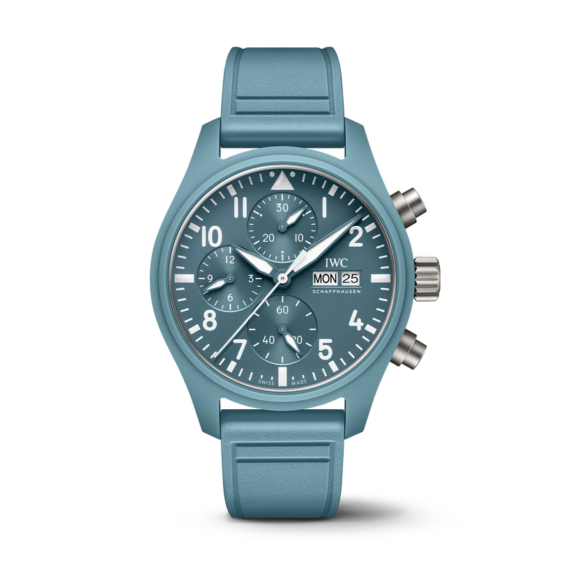 The IWC Schaffhausen Pilot Chronograph Miramar Edition is a blue wristwatch featuring three subdials, a day-date display, and a matching blue strap.