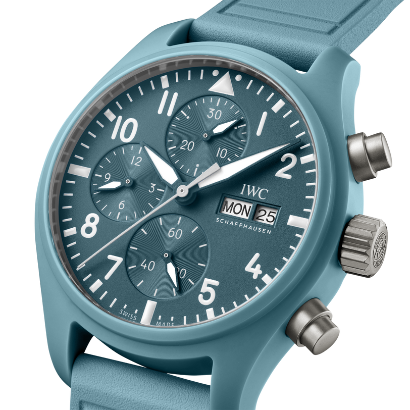 A teal IWC Schaffhausen Pilot Chronograph Miramar Edition watch featuring three subdials and a day-date display set to Monday, the 25th.