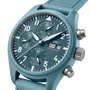 A teal IWC Schaffhausen Pilot Chronograph Miramar Edition watch featuring three subdials and a day-date display set to Monday, the 25th.