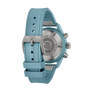 The IWC Schaffhausen Pilot Chronograph Miramar Edition wristwatch is displayed from the back, showcasing its engraved case and buckle.
