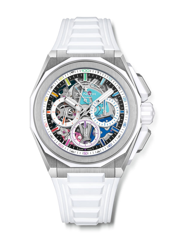 The Zenith Defy Extreme Chroma is a luxury wristwatch with a white band and bezel, a skeleton dial showing colorful gears, multiple subdials, silver hour markers, and exclusive limited edition chronograph features.