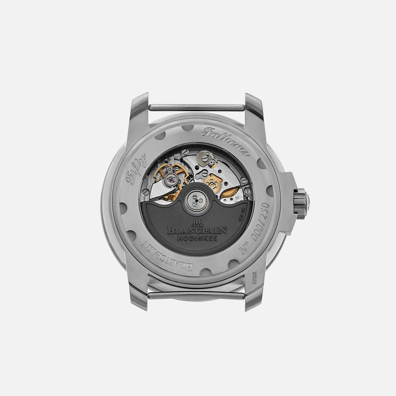 Back view of the Blancpain Fifty Fathoms MIL-SPEC Limited Edition For HODINKEE, showcasing its automatic movement and engraved stainless steel case.