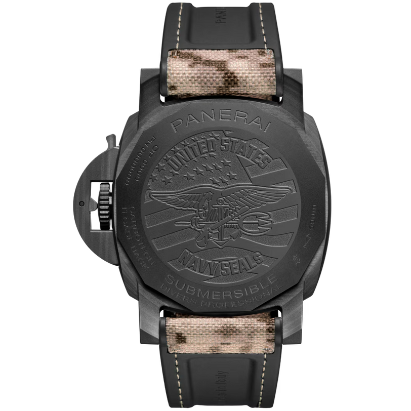 The back of the Panerai Submersible QuarantaQuattro GMT Navy SEALs Carbotech™ shows an engraved U.S. Navy SEALs emblem, camo-patterned fabric strap with visible stitching, and engravings noting its water resistance, GMT calibre, and collaboration.