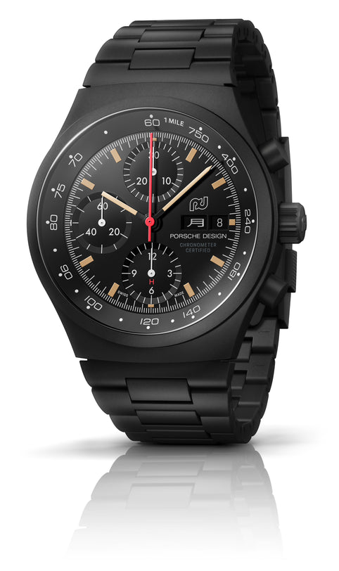 Porsche Design Chronograph 1 Hodinkee 2024 Edition with three subdials, date display, and metal link bracelet.