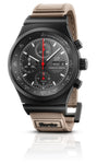 Porsche Design Chronograph 1 50 Years 911 Turbo Edition watch featuring a beige fabric strap, red hands, and day-date display on the dial.