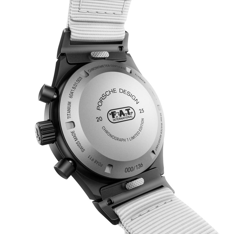 Back view of the Porsche Design Chronograph 1 F.A.T 2025 Edition featuring a titanium case, white strap, and limited edition details.