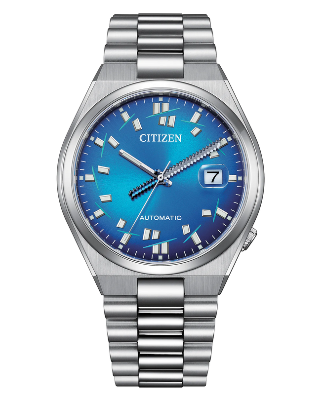 Silver Citizen watch with a blue face on a white background