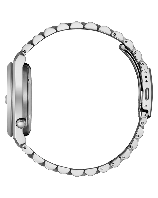 Silver watch with beaded band on a white background