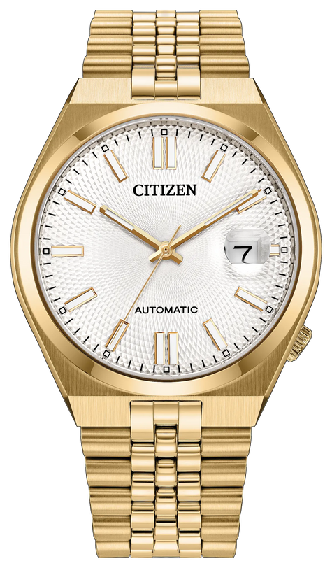 Gold-tone stainless steel watch with white dial, date window, gold-tone hour markers, and matching bracelet band.