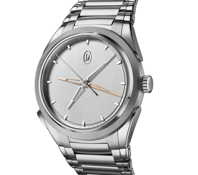 Silver wristwatch with a detailed face on a white background