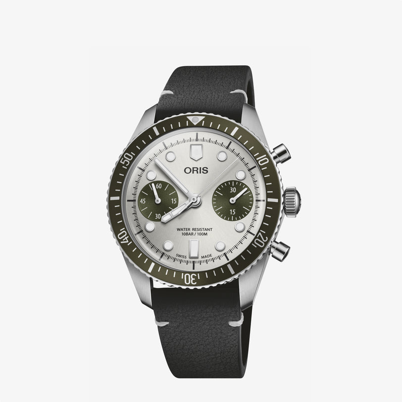 Oris Divers Sixty-Five Chronograph wristwatch featuring a black leather strap and two chronograph subdials, set against a white background.