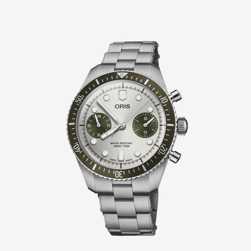 Oris Divers Sixty-Five Chronograph: stainless steel watch with a silver dial, green bezel, and two subdials.