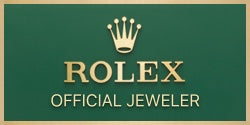 Rolex logo with crown symbol and text Rolex Official Jeweler on a green background.