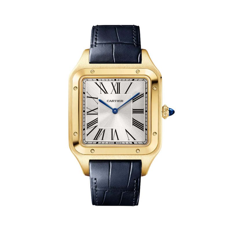 Cartier Santos Dumont watch featuring a square face, Roman numerals, blue hands, and a black leather strap.