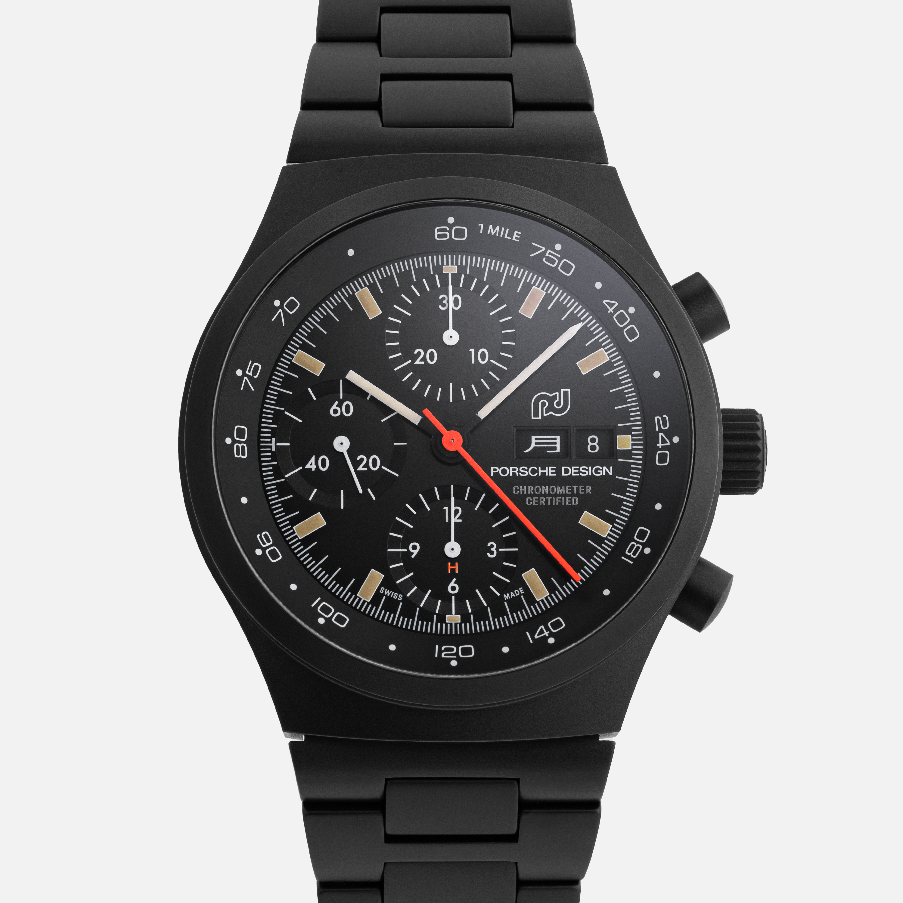 Porsche Designs Chronograph 1 Limited Edition For Hodinkee featuring three subdials, date display, and a black metal bracelet.