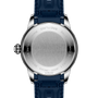 The back of the Breitling Superocean Heritage Automatic 36 features engraved details around its stainless steel case and comes with a blue strap.