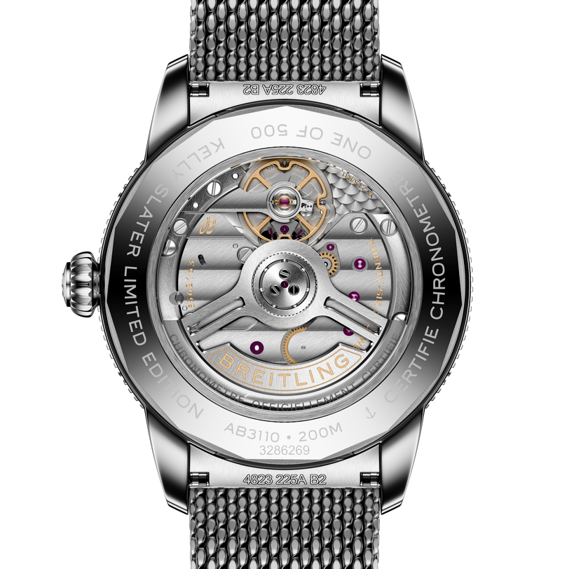 Close-up of the Breitling Superocean Heritage B31 Automatic 40 Kelly Slater case back displaying intricate mechanical movement and engraved details.