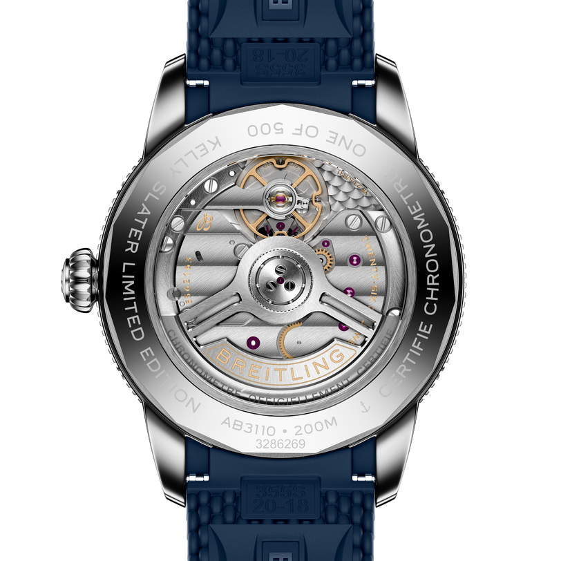 Close-up of the Breitling Superocean Heritage B31 Automatic 40 Kelly Slater case back, revealing its detailed mechanical movement and engraved design.