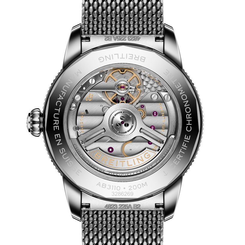 Close-up of the back of the Breitling Superocean Heritage B31 Automatic 40, highlighting its intricate mechanical movement and engraved details.