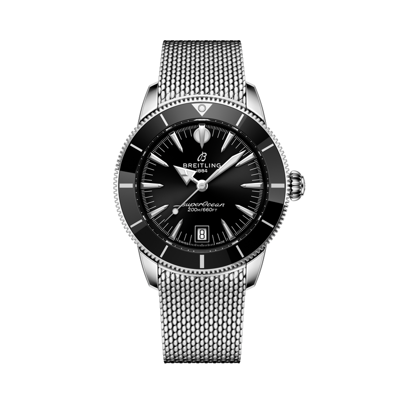 A Breitling Superocean Heritage B31 Automatic 40 wristwatch with a black dial and silver mesh strap is displayed against a black background.