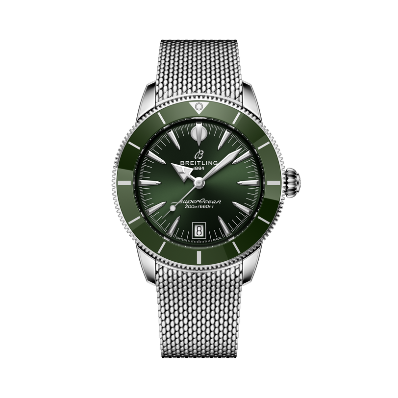 The Breitling Superocean Heritage B31 Automatic 40 features a green dial, mesh stainless steel band, and a date display at 6 o’clock.