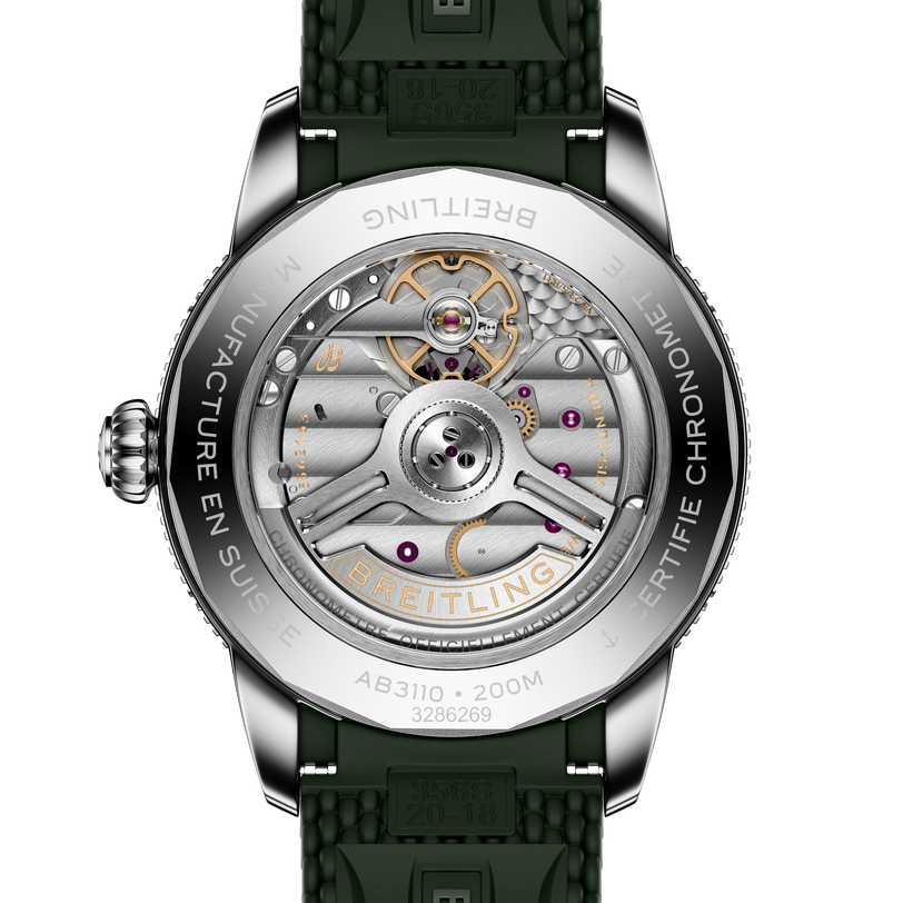 Close-up of the Breitling Superocean Heritage B31 Automatic 40’s transparent caseback, revealing its intricate mechanical movement and engravings.