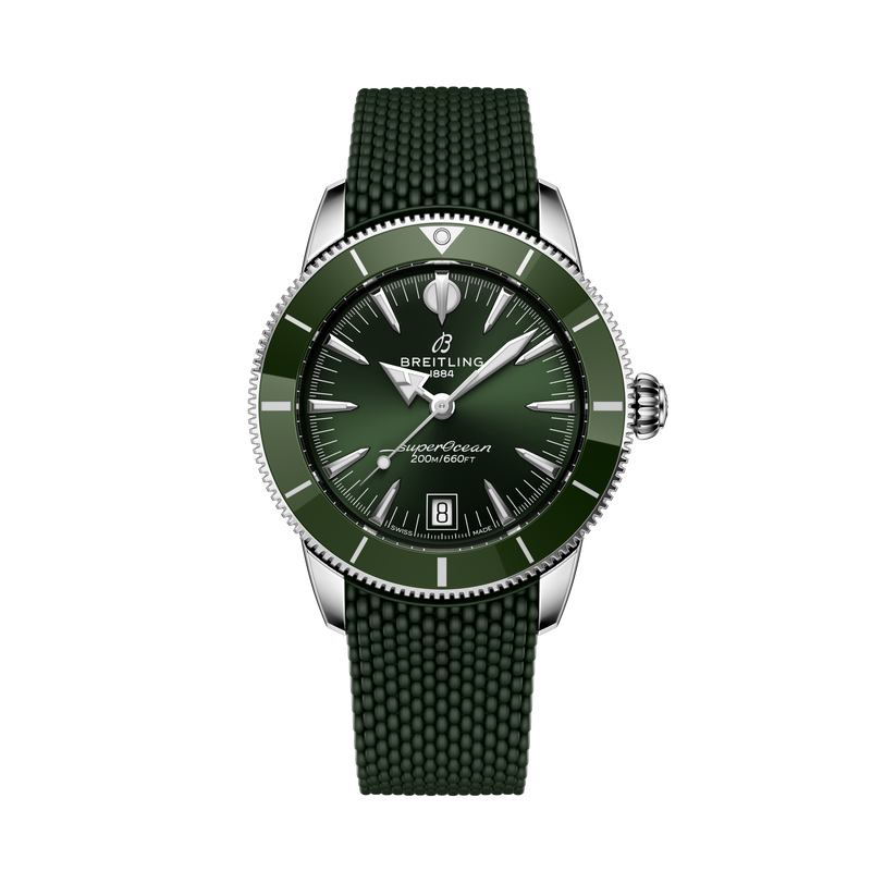 The Breitling Superocean Heritage B31 Automatic 40 is a green wristwatch with a green strap, silver bezel, black dial, and displays the time 10:10.