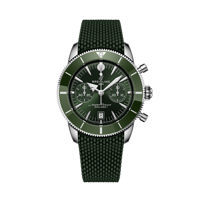 The Breitling Superocean Heritage B01 Chronograph 42 wristwatch features a green textured strap, chronograph subdials, and silver accents, showcased on a white background.