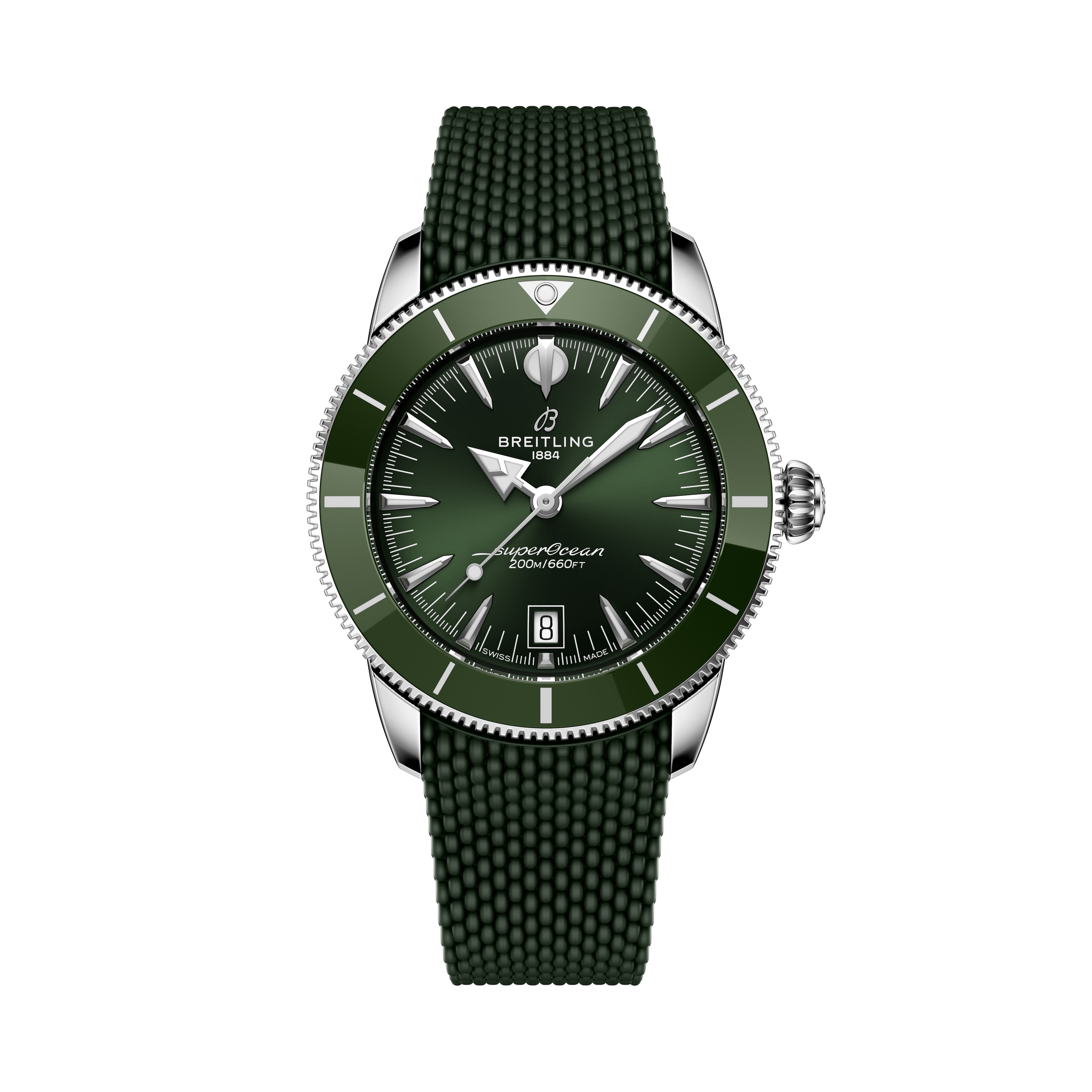 A green Breitling Superocean Heritage B31 Automatic 42 watch with a textured strap and silver accents, displayed on a white background.