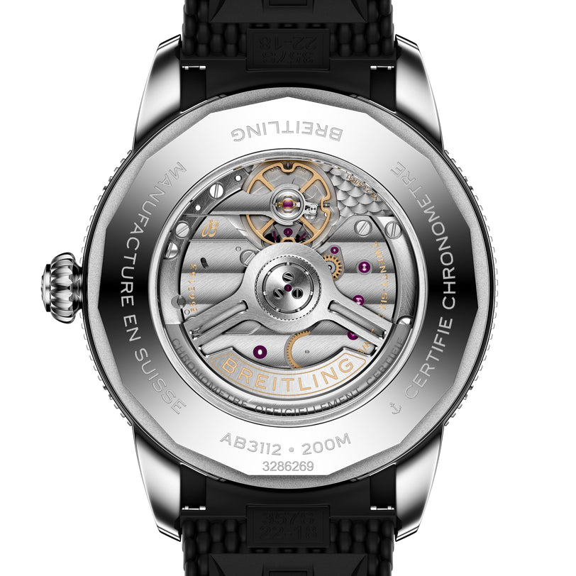 Close-up of the back of the Breitling Superocean Heritage B31 Automatic 44, revealing its intricate mechanical movement.