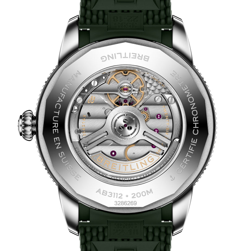 Close-up of the Breitling Superocean Heritage B31 Automatic 44’s transparent case back, revealing its intricate mechanical movement and engraved details.