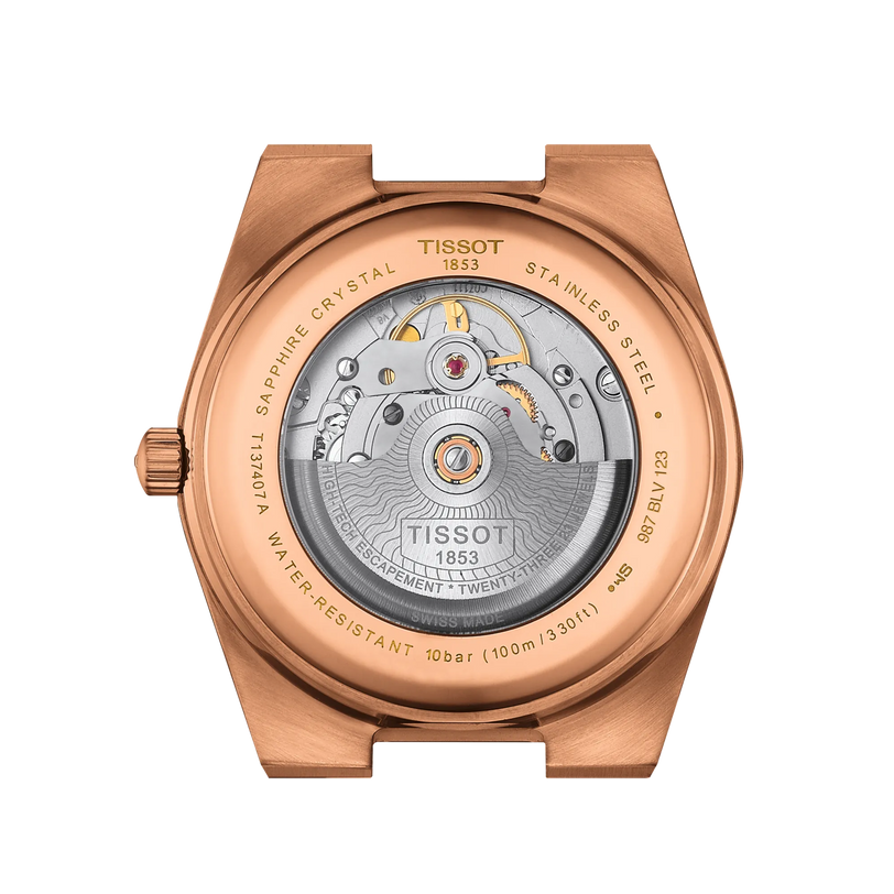 Back view of the Tissot PRX Powermatic 80 40mm, featuring an exposed automatic movement in a rose gold stainless steel case.