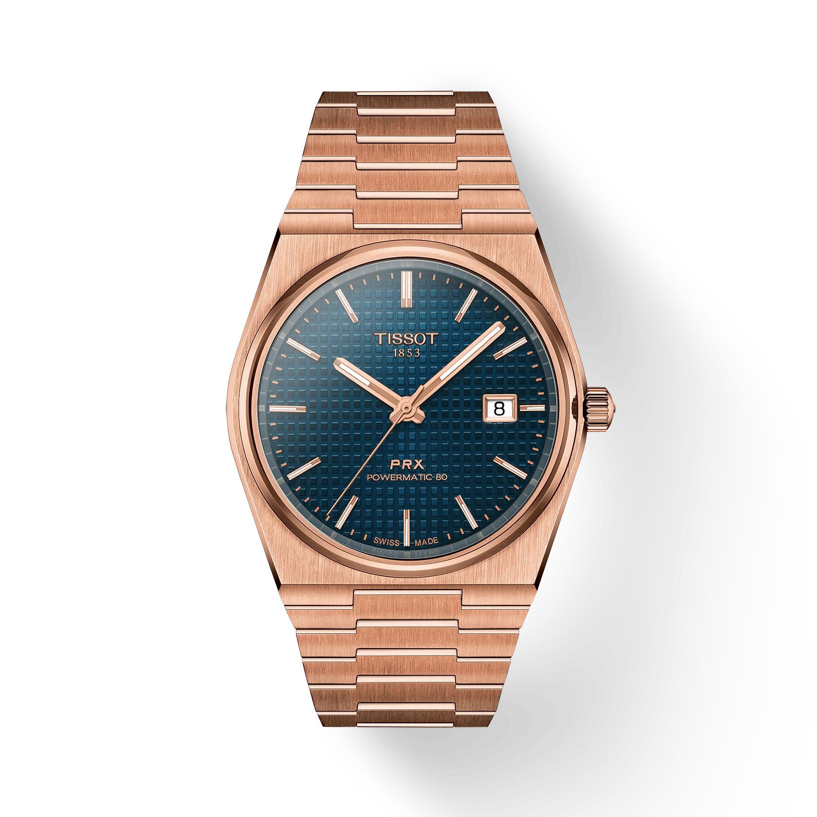 The Tissot PRX Powermatic 80 40mm features a rose gold finish, blue textured dial, date display, and a metal bracelet.