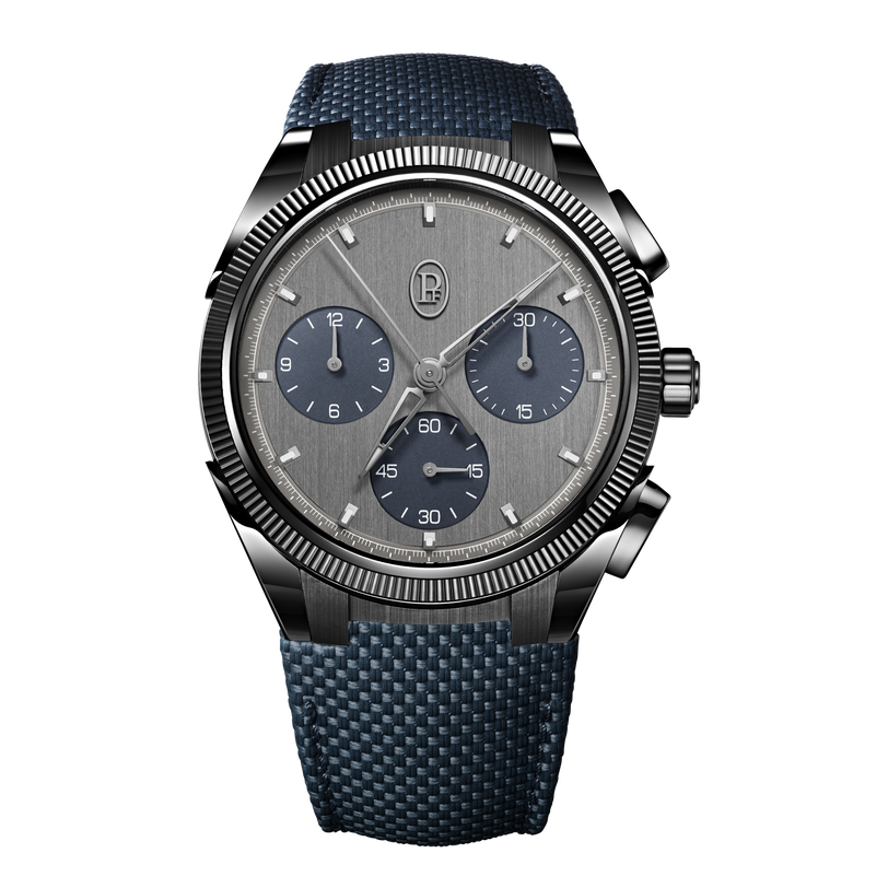 The Parmigiani Fleurier TONDA PF Sport Chronograph features a blue textured strap, silver case, and three blue subdials on a brushed silver face.