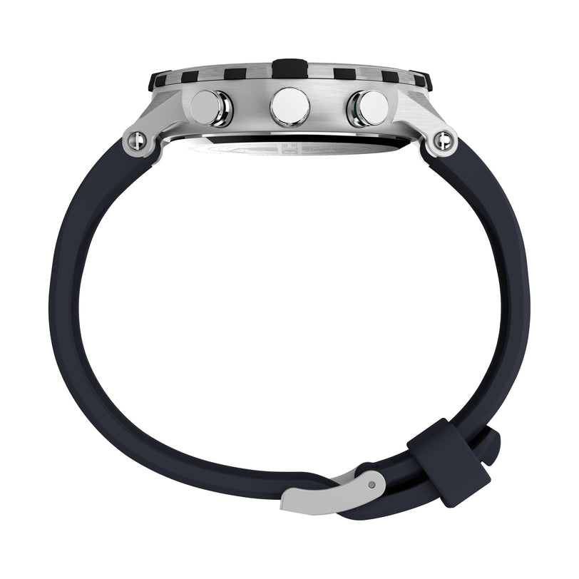Side view of the Timex Expedition Tide-Temp-Compass wristwatch with a round silver case, three raised buttons, black bezel, and black silicone strap with silver buckle. Includes an electronic compass. Photographed on a white background.