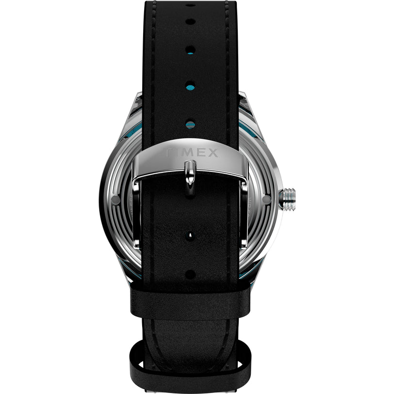 A close-up of the Timex Marlin Jet Automatic x The Jetsons wristwatch shows its black leather strap and silver buckle, highlighting retro-futuristic design elements inspired by The Jetsons, with the strap neatly threaded through the buckle.