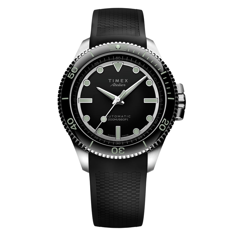 The Timex G SS AU SW ATELIER 41 BLACK DL 25 watch features a minimalist design in black and silver.