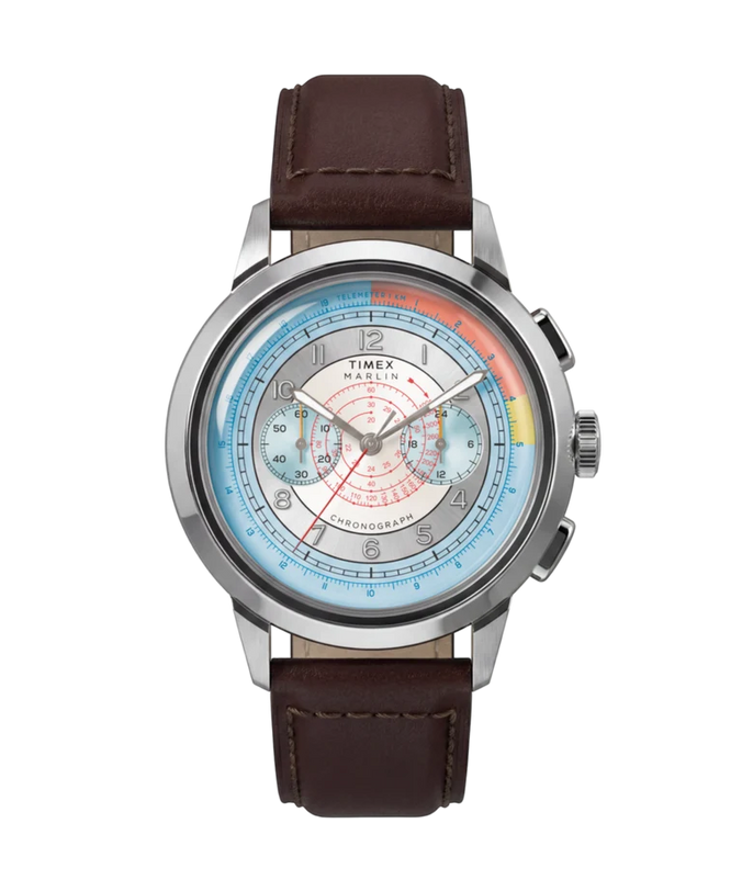 Steel chronograph watch with silver dial, colorful subdials, and brown leather strap.