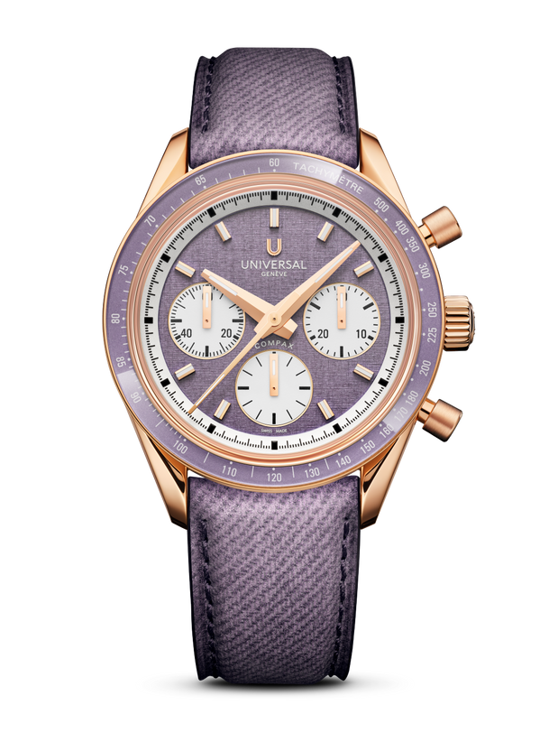 Rose gold chronograph watch with purple dial, three white subdials, tachymeter bezel, and purple fabric strap.
