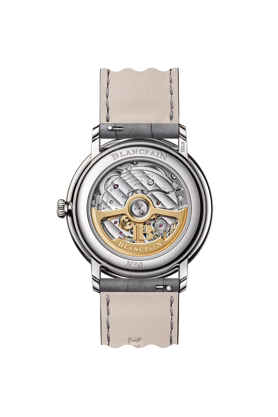 Blancpain Villeret Ultraplate watch with 38mm polished steel case, visible skeleton back showing gold rotor and mechanical mo