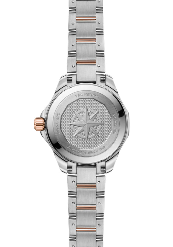 Back view of the TAG Heuer Aquaracer Professional 200 Solargraph watch, featuring a star engraving and a metal bracelet in silver and rose gold tones.