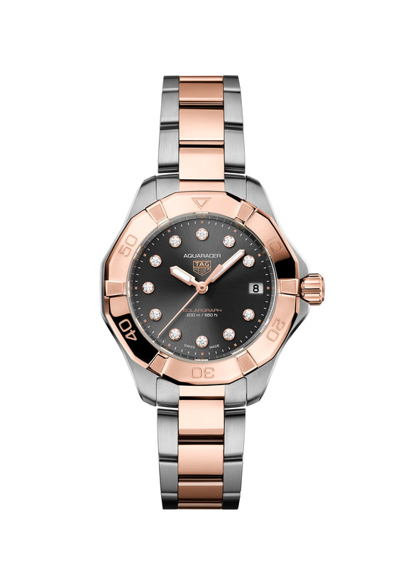 The TAG Heuer Aquaracer Professional 200 Solargraph is a wristwatch featuring a silver and rose gold design, black dial, diamond hour markers, and a date display.