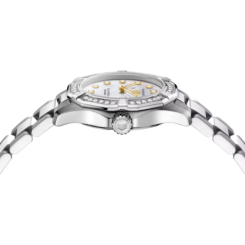 Aquaracer Professional 100 Solargraph | 28mm, Steel, Mother-of-pearl Dial, Diamond Bezel, Womens Watch