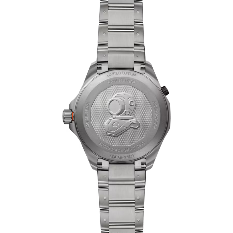 Silver stainless steel watch with metal bracelet, round case back engraved with diving helmet logo and limited edition text.
