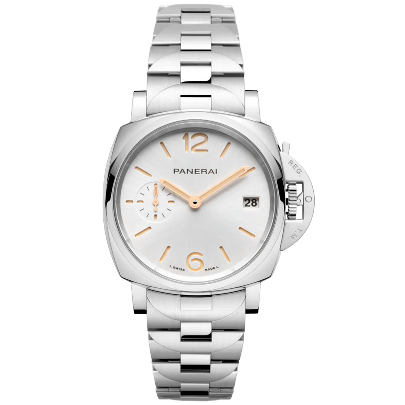 The Panerai Luminor Due is a silver wristwatch featuring a white dial with gold-tone hour markers and hands, date at 3 o'clock, small seconds at 9 o'clock, P.900 automatic movement, and a metal link bracelet.