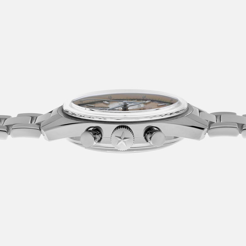 Side view of the Zenith Chronomaster Original Limited Edition For Hodinkee, featuring two pushers, a star-emblem crown, and a stainless steel link bracelet.