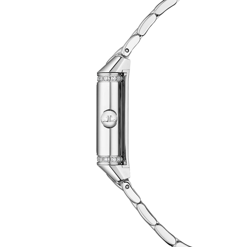 Silver rectangular watch with diamond bezels, white dial, and articulated link bracelet.