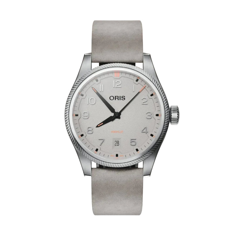 Silver Oris watch on a gradient background